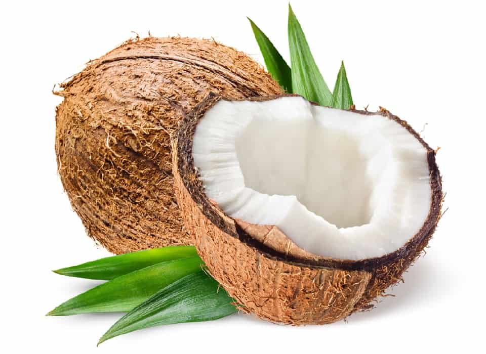 Coconut,With,Half,And,Leaves,On,White,Background